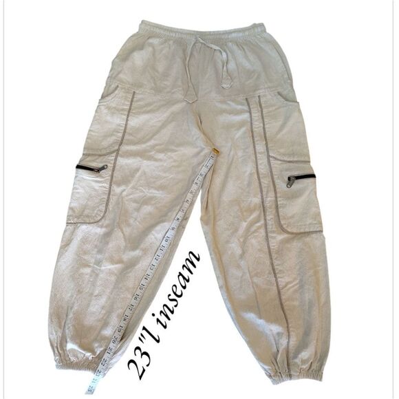 Khaki Cotton Cargo Drop Crotch Harem Unisex Capri Pants *Fits like Med- Large - Picture 11 of 12